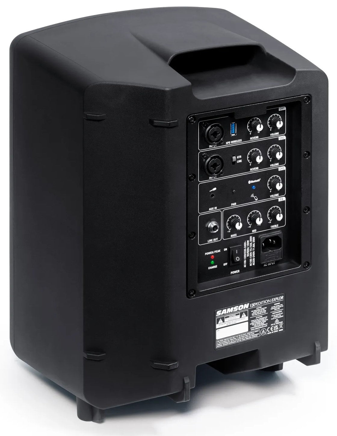 Samson Expedition Explor PA speaker shown from back left side, featuring rugged design and input controls for professional audio use.