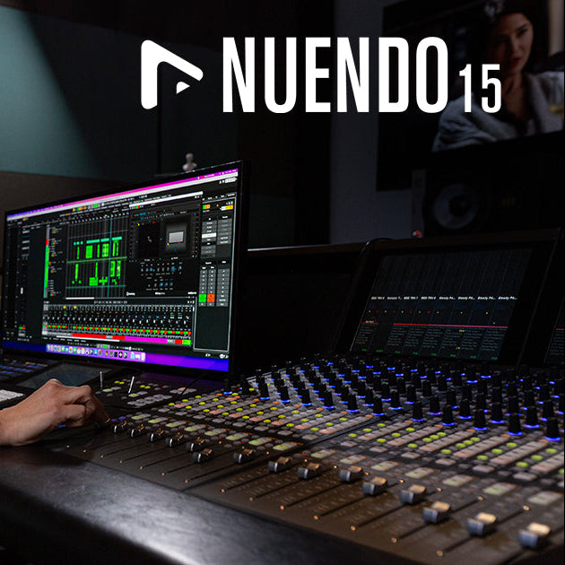 Steinberg Nuendo 15 DAW software interface with mixing console and editing tools on a computer screen.