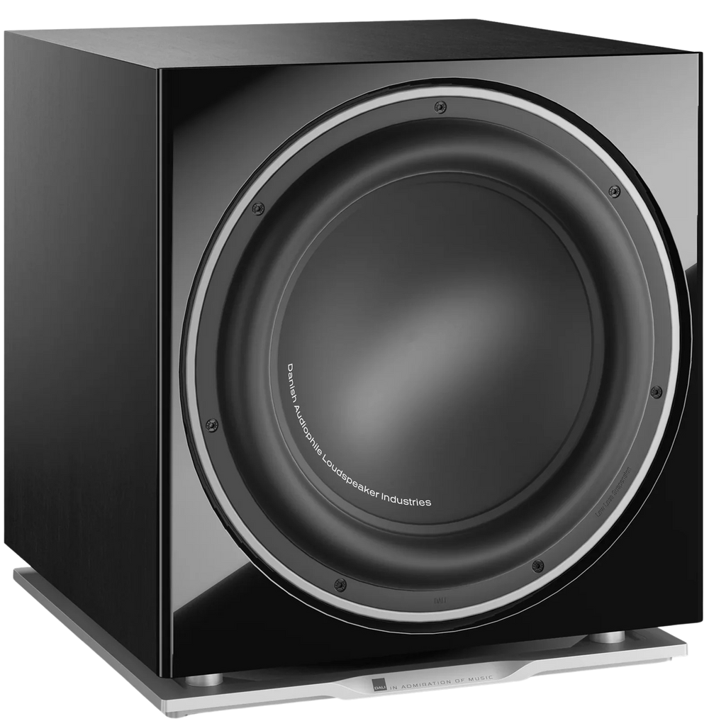 DALI Sub K-14 F subwoofer with black enclosure and driver visible, designed for deep bass in home audio systems