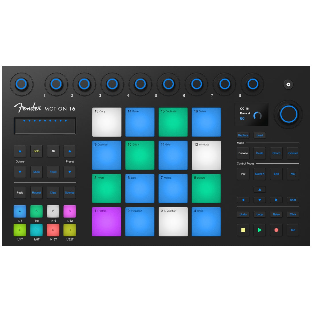 Fender Motion 16 MIDI controller with colorful pads and knobs, designed for music production and live performance.