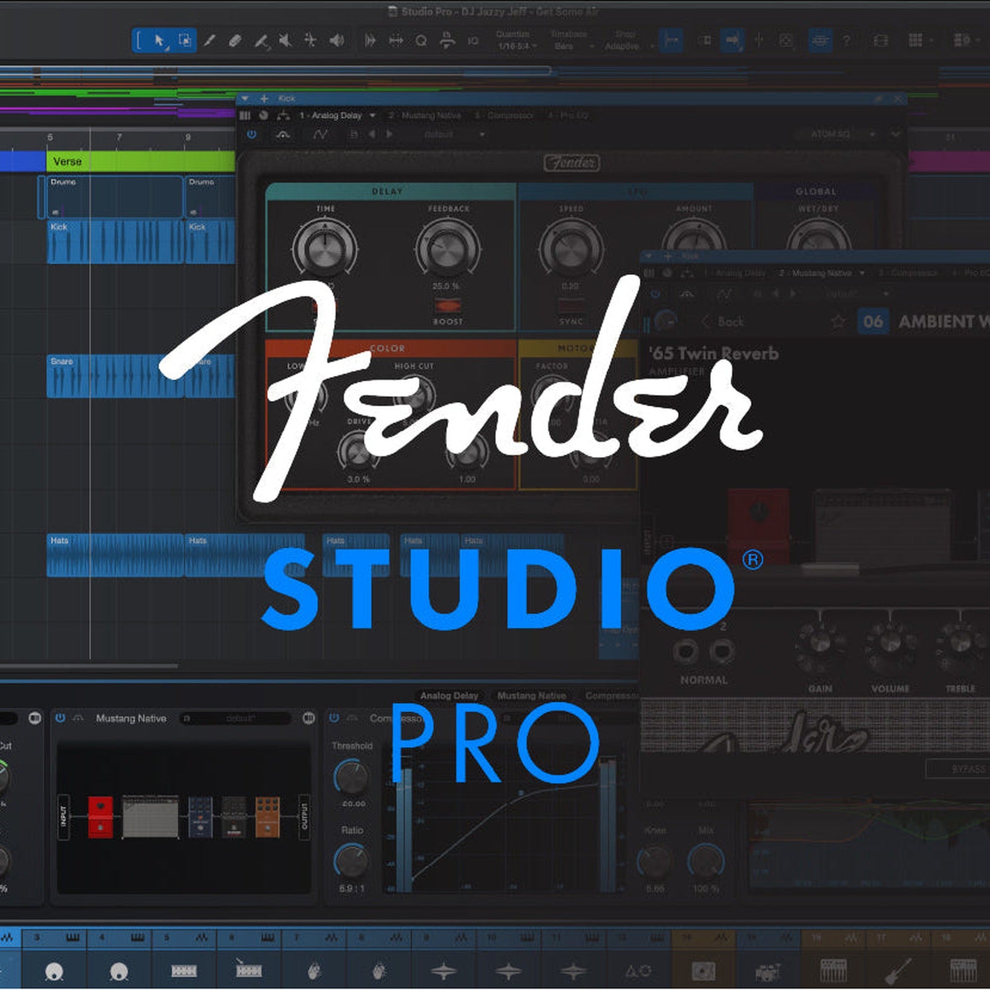 Fender Studio Pro DAW software interface shown on screen with mixing tracks and audio controls.
