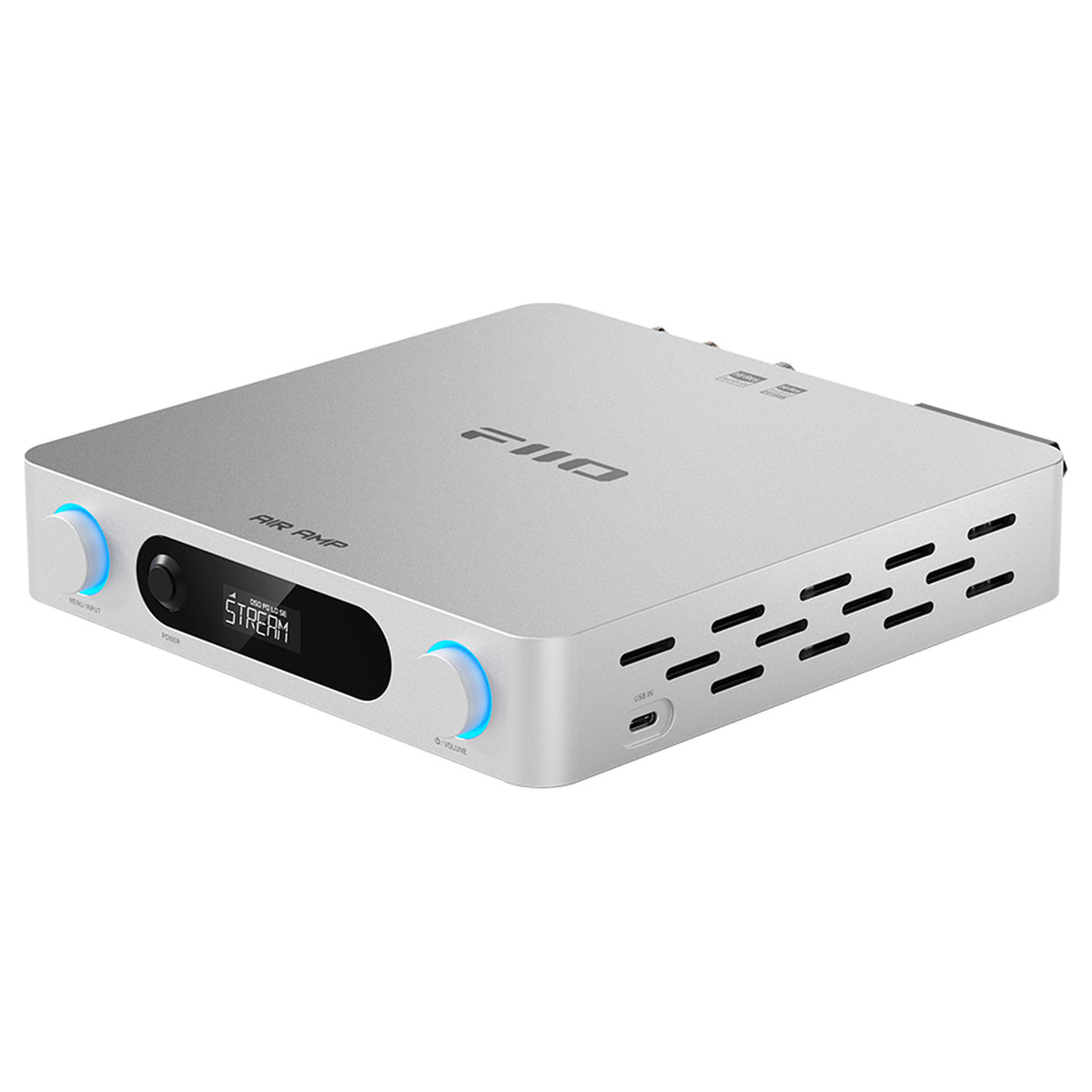 FiiO AIR AMP, Silver, three-quarter front view
