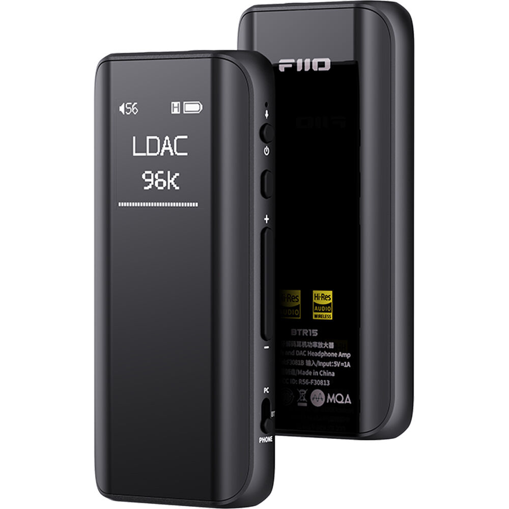 FiiO BTR15 headphone amplifier and DAC in black, front view