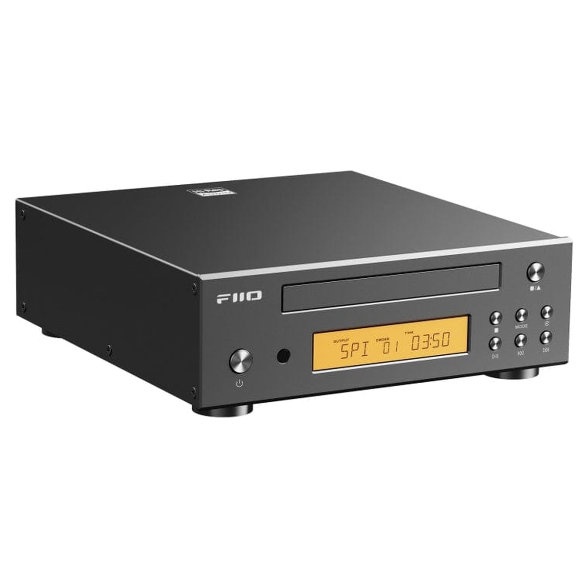 FiiO DP11 CD player in black, three-quarter front view