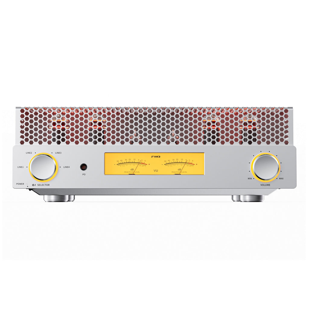 FiiO EA13 vacuum tube amplifier in silver, three-quarter view with the tube cover fitted
