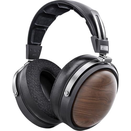 FiiO FT1 closed-back over-ear headphones with walnut wood cups, in black
