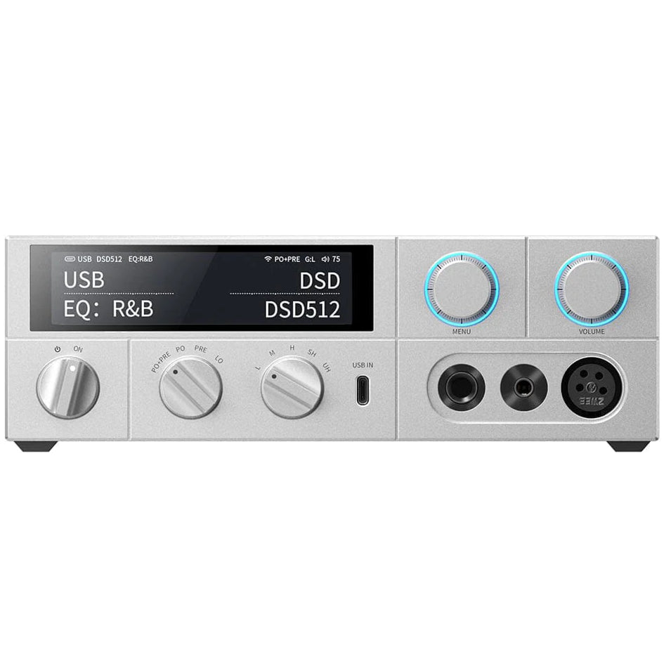 FiiO K15 headphone amplifier and DAC with AK4497S2 chip, featuring a sleek design and multiple input options for high-quality audio.