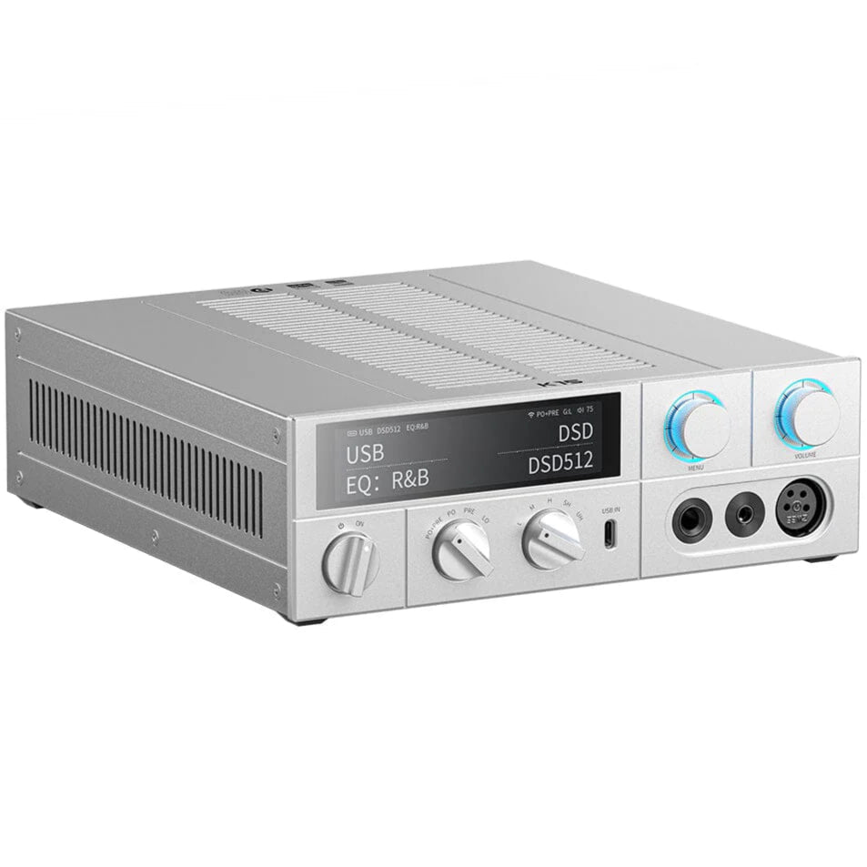 FiiO K15 headphone amplifier and DAC with silver finish, featuring AK4497S2 streaming DAC and robust power output.