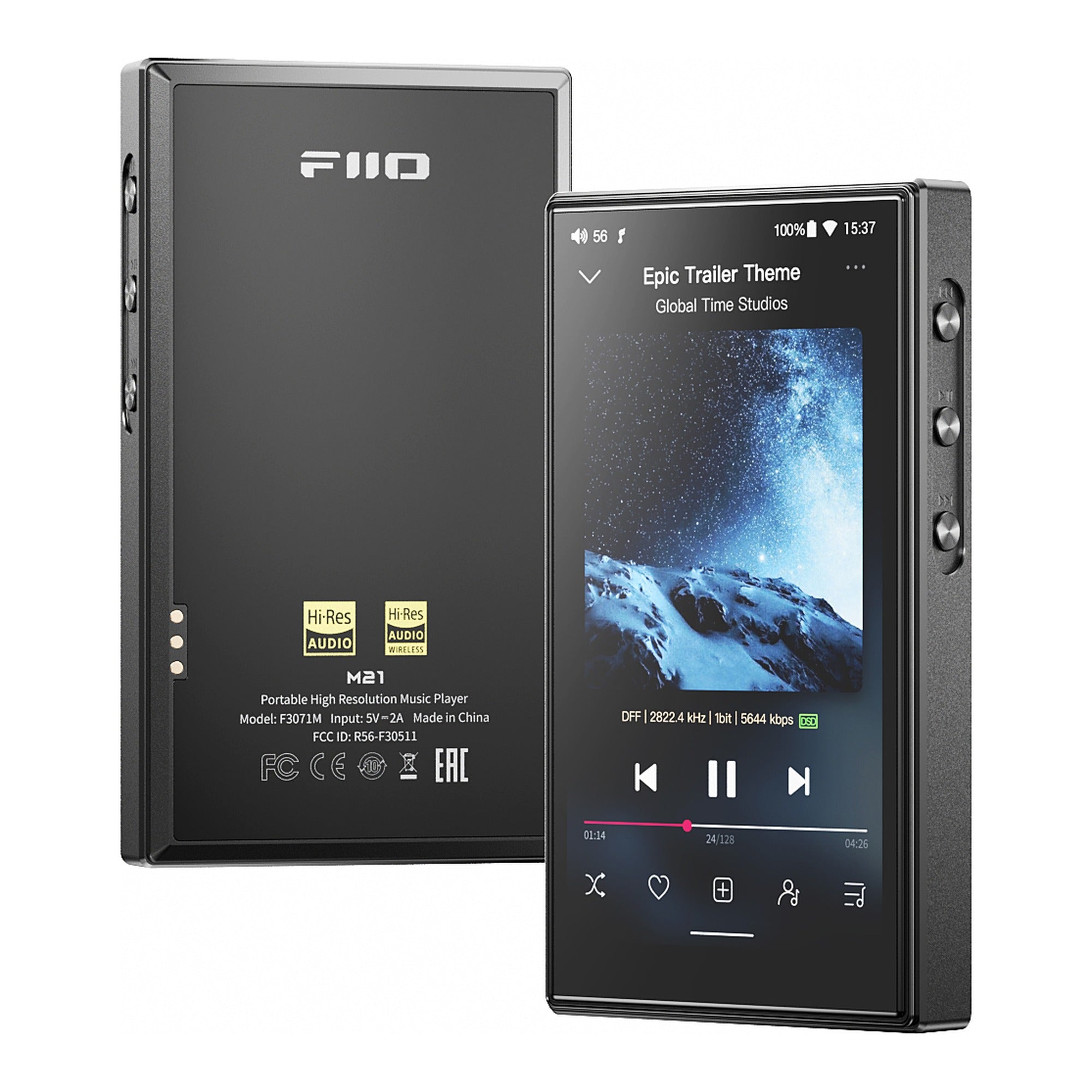 FiiO M21 portable music player, in black, front and back view