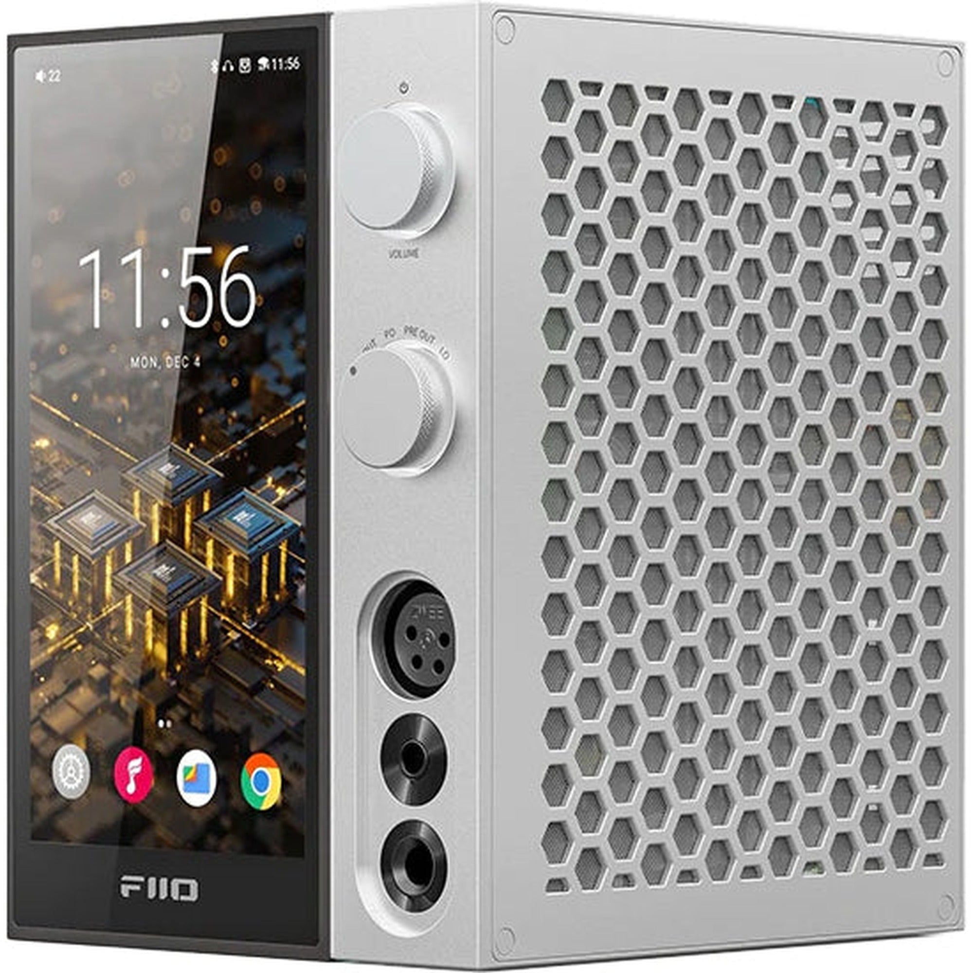 FiiO R9 music streamer device with sleek black design, multiple input ports, and display screen for high-quality audio streaming.