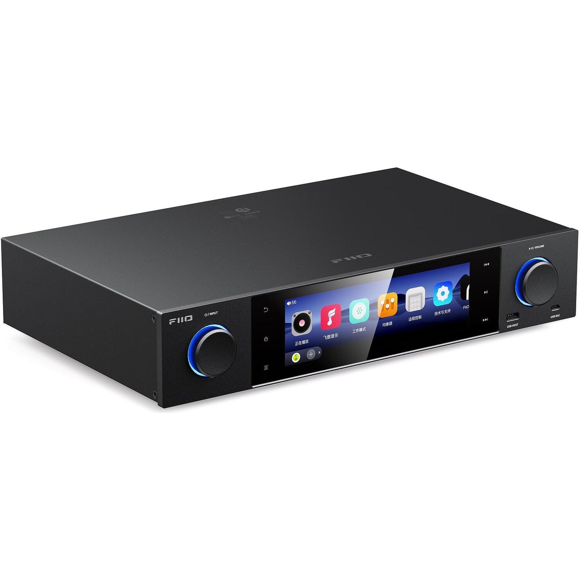FiiO S15 music streamer with sleek black design and front display, showcasing its compact and modern audio streaming features.