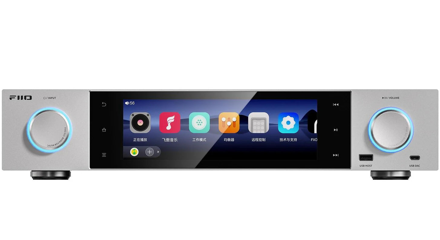 FiiO S15 music streamer and DAC with sleek black design, multiple input ports, and compact size for high-quality audio streaming.