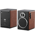 Black FiiO SA1 desktop speakers with compact design and control knobs, ideal for high-quality audio on a desktop setup.