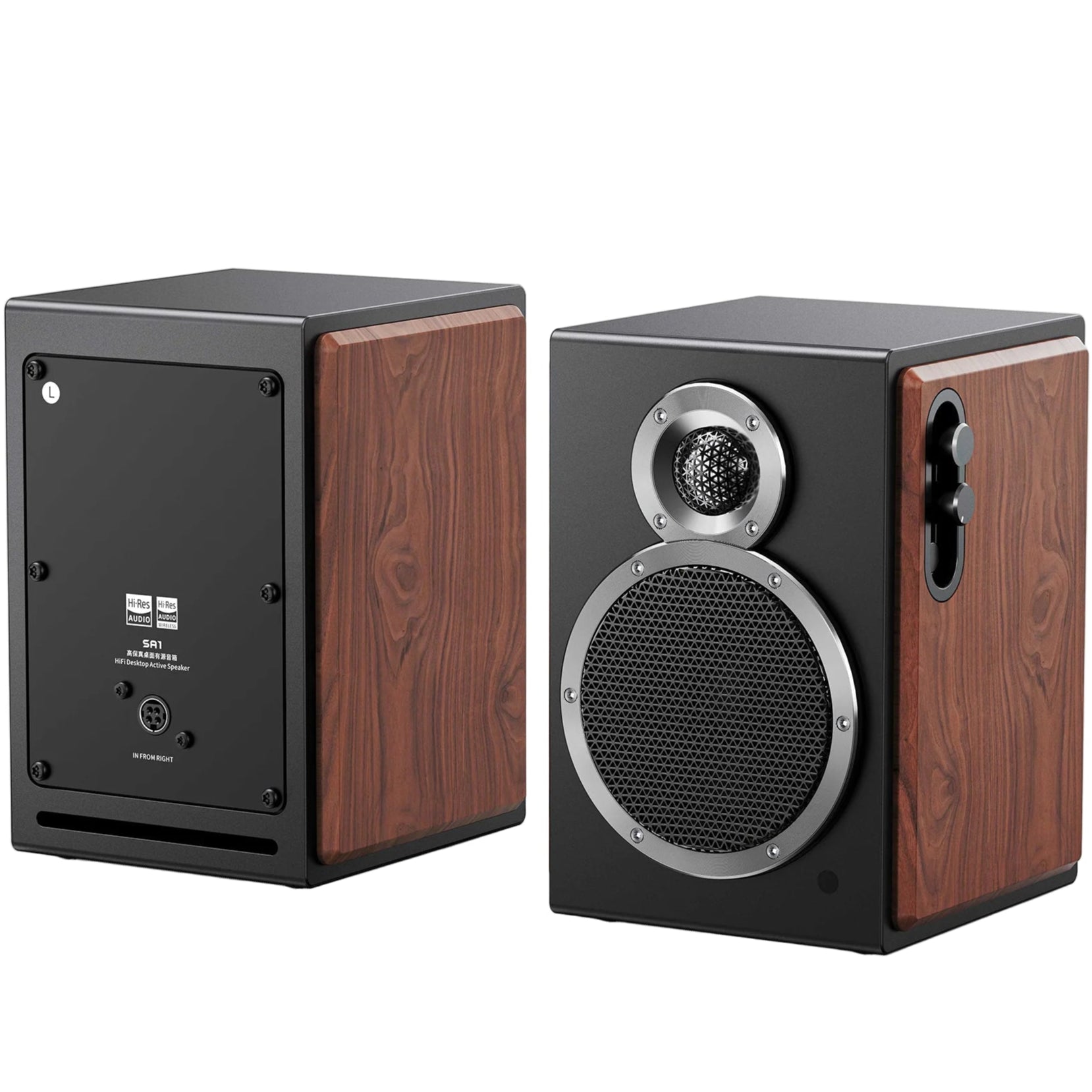 Black FiiO SA1 desktop speakers with compact design and control knobs, ideal for high-quality audio on a desktop setup.