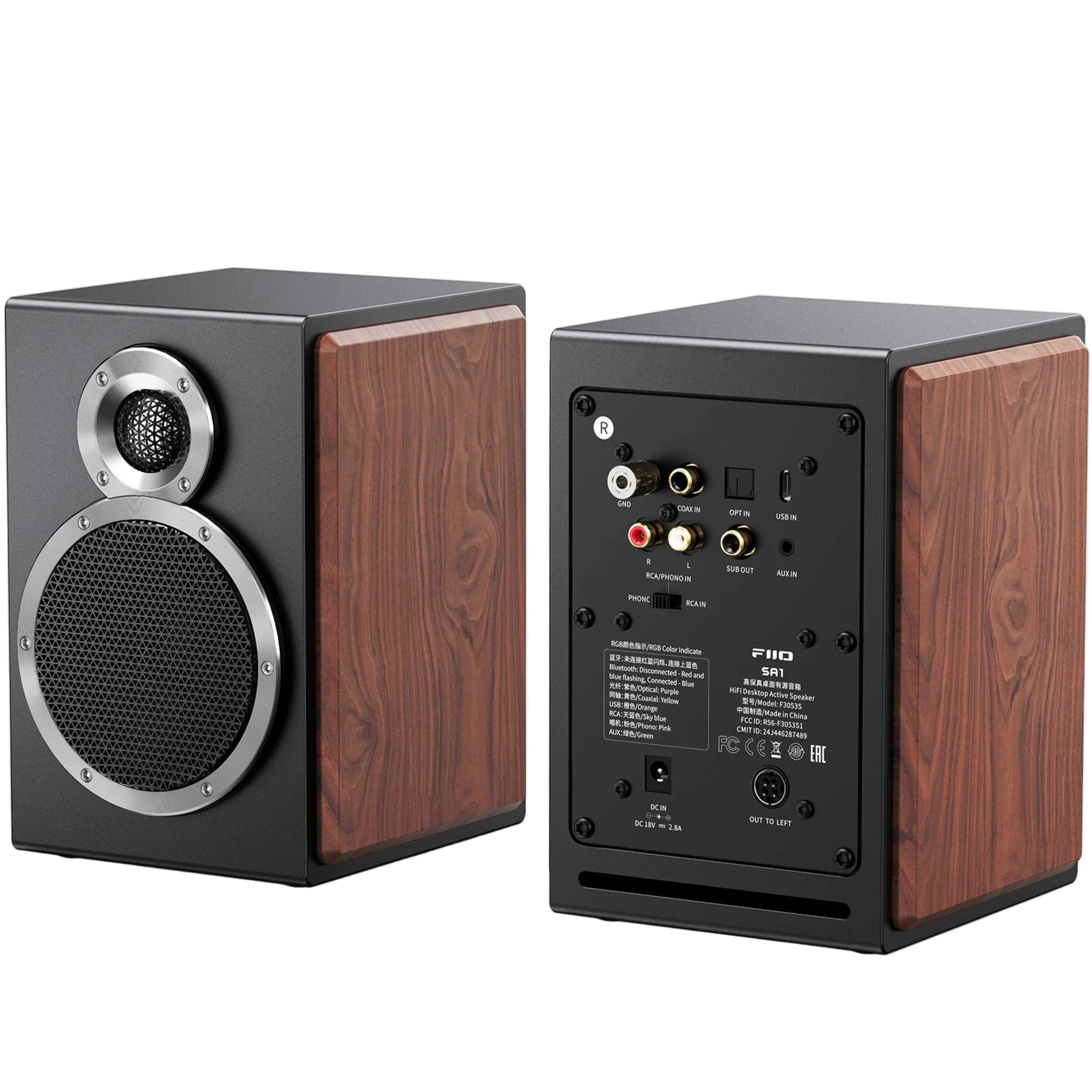FiiO SA1 desktop speakers in black with sleek design, featuring dual drivers and connectivity ports for high-quality audio.