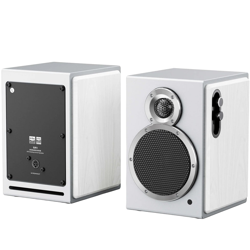 FiiO SA1 desktop speakers in white, featuring sleek design with dual speaker units and modern audio equipment appearance.