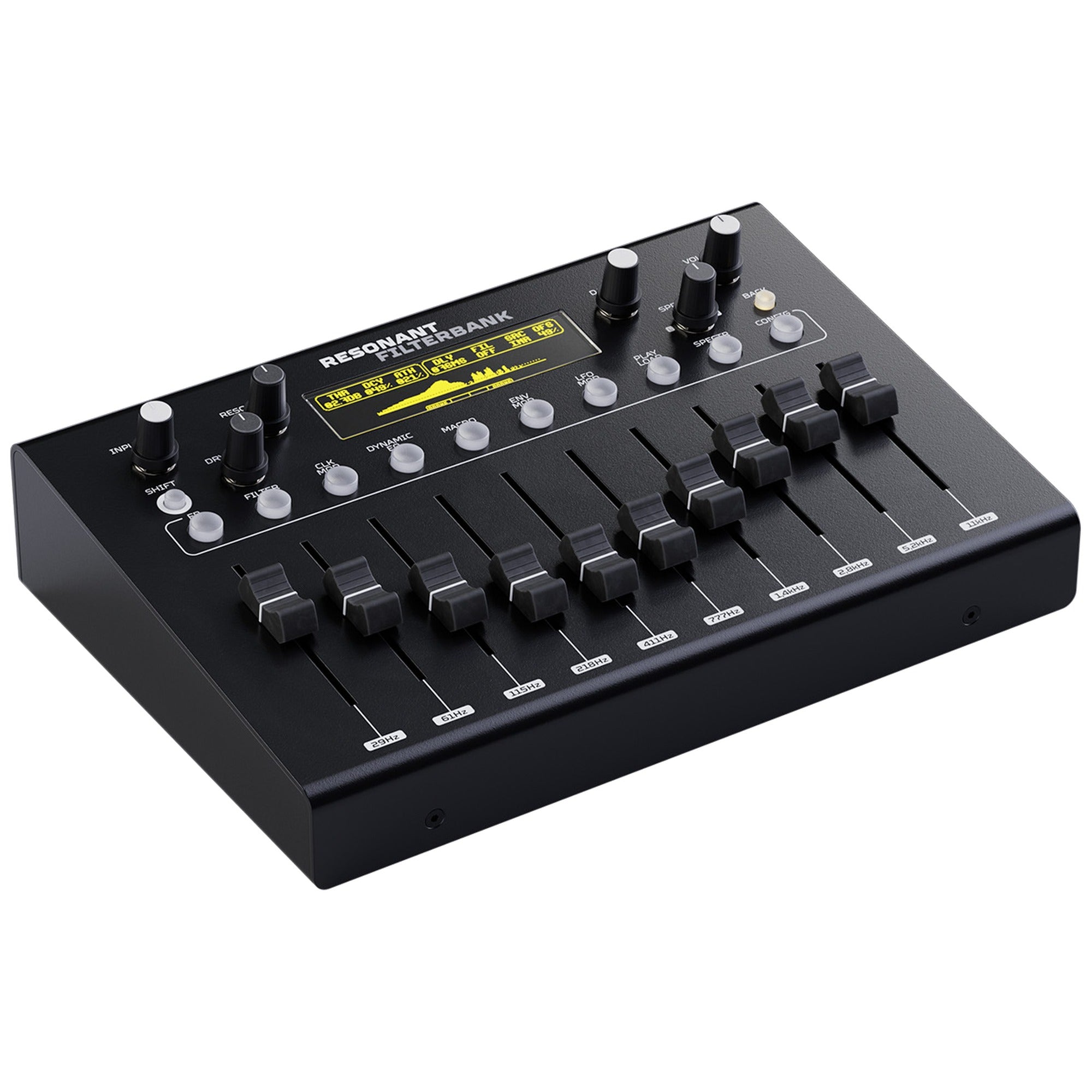 Erica Synths Resonant Filterbank effects unit with knobs and patch points, designed for versatile sound filtering and modulation.