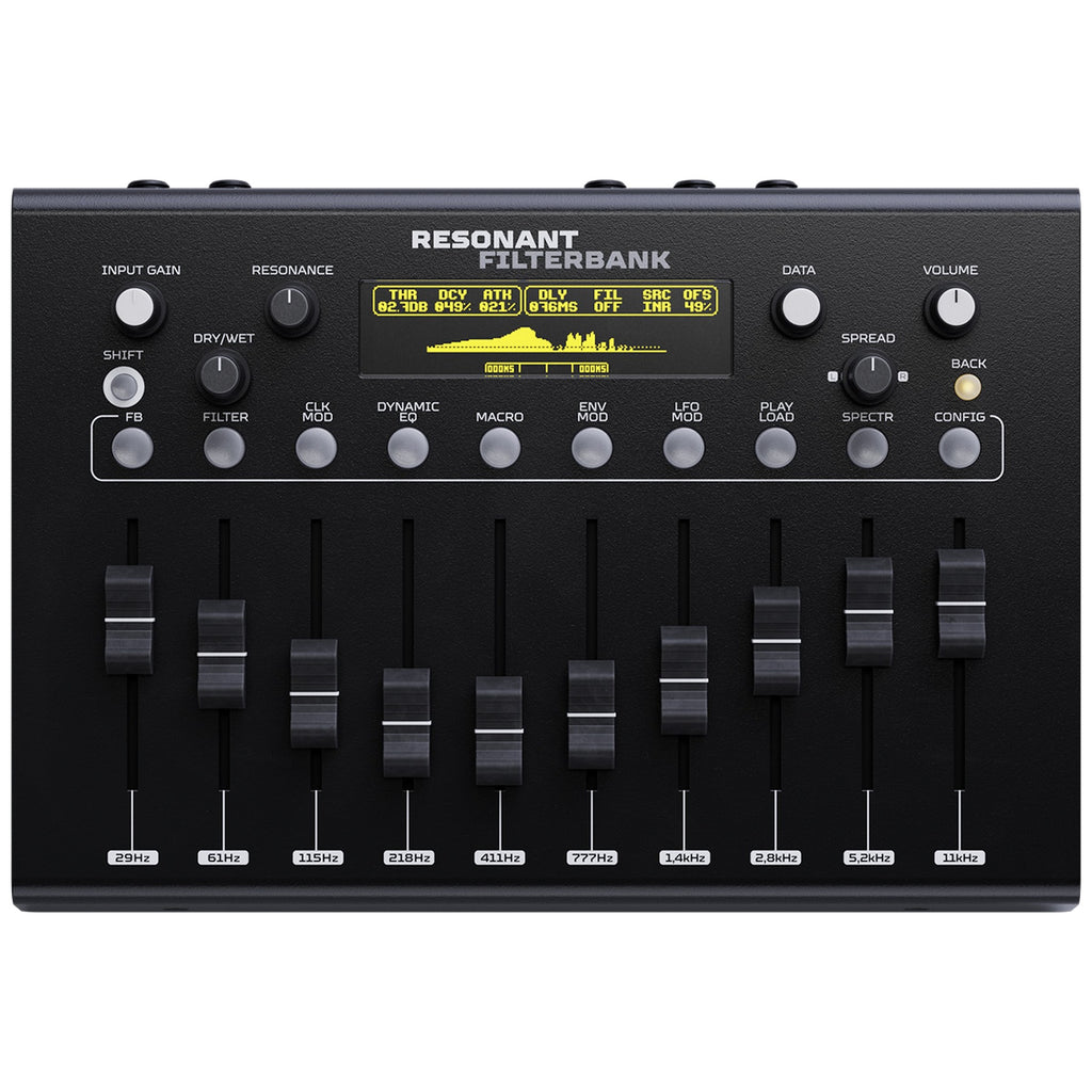 Erica Synths Resonant Filterbank effects module with multiple knobs and switches, viewed from the top, showing its control interface.
