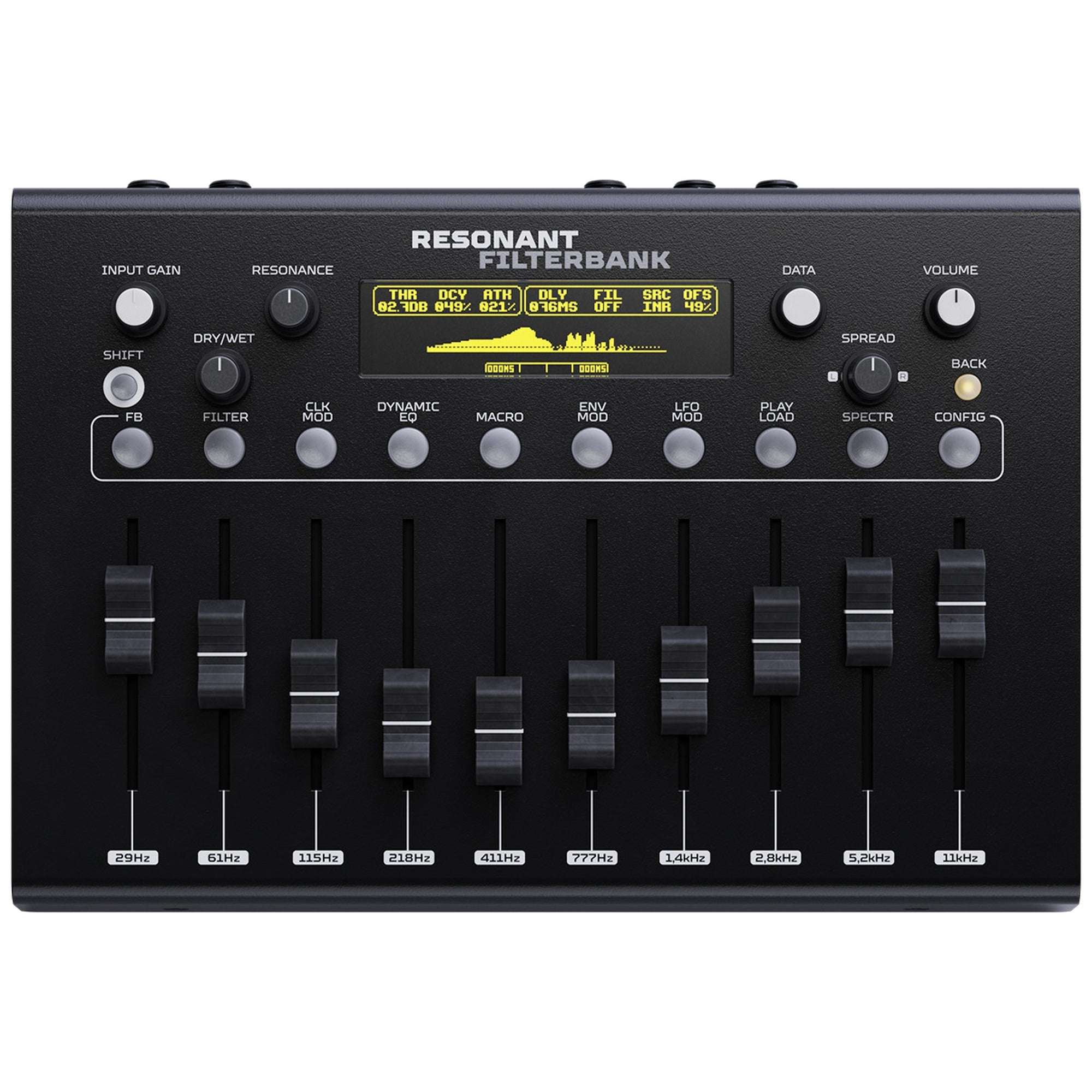 Erica Synths Resonant Filterbank effects module with multiple knobs and switches, viewed from the top, showing its control interface.
