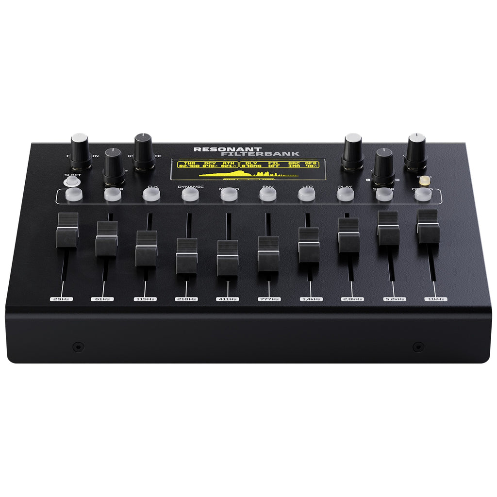 Front view of Erica Synths Resonant Filterbank, a versatile effects unit with multiple filter modules and control knobs.