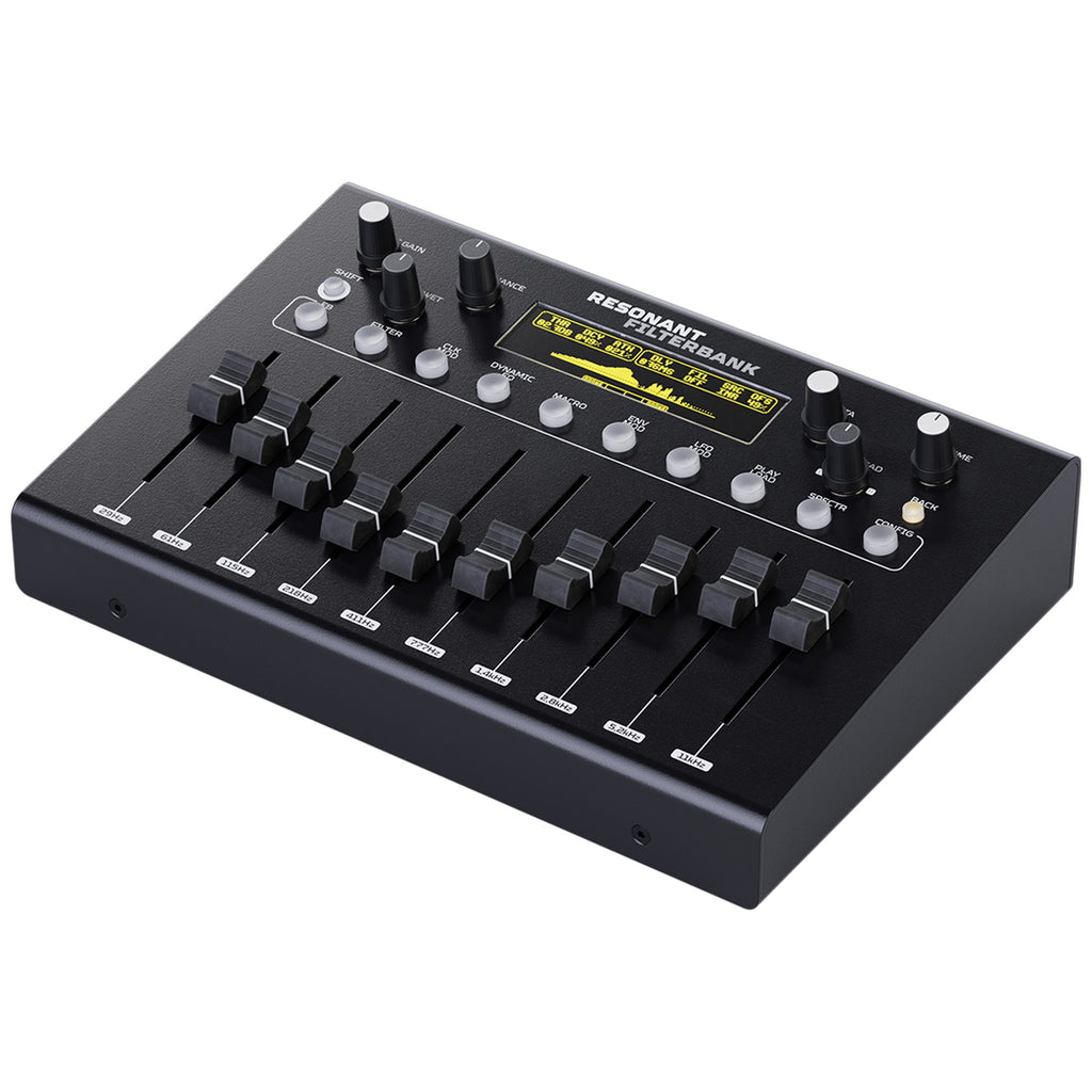 Erica Synths Resonant Filterbank effects module with multiple filter controls, shown from a right angle view.
