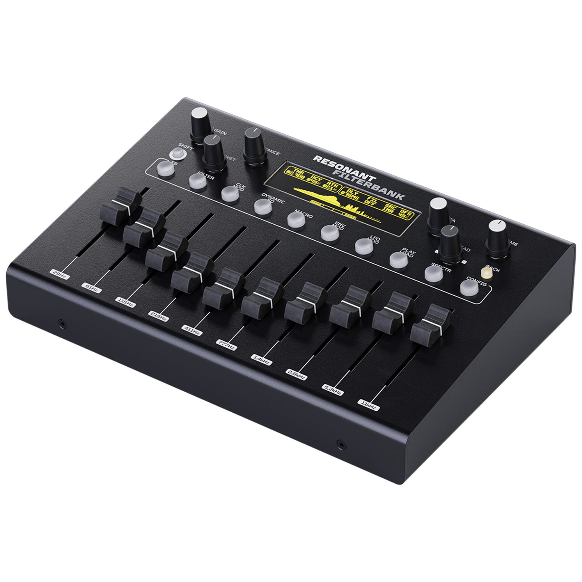 Erica Synths Resonant Filterbank effects module with multiple filter controls, shown from a right angle view.