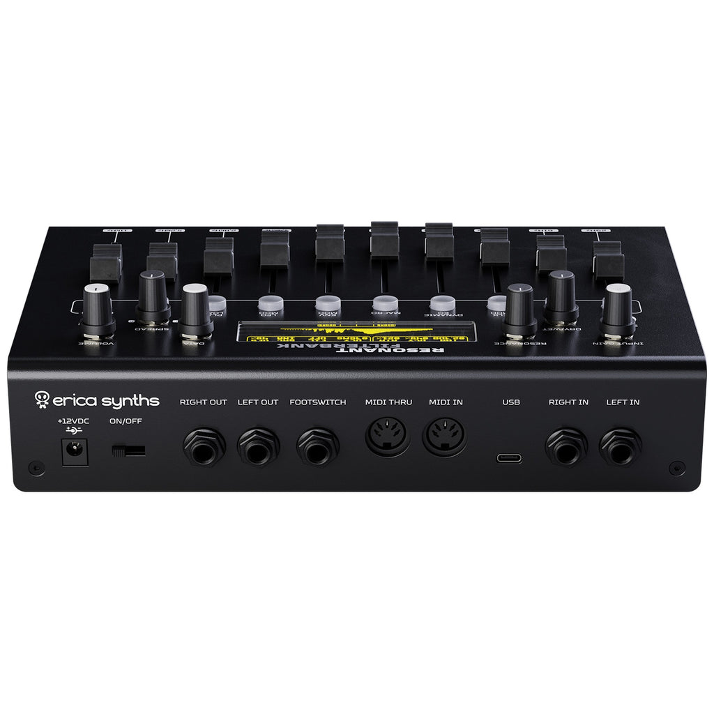 Back view of Erica Synths Resonant Filterbank, a versatile effects unit with multiple filter modules and control knobs.
