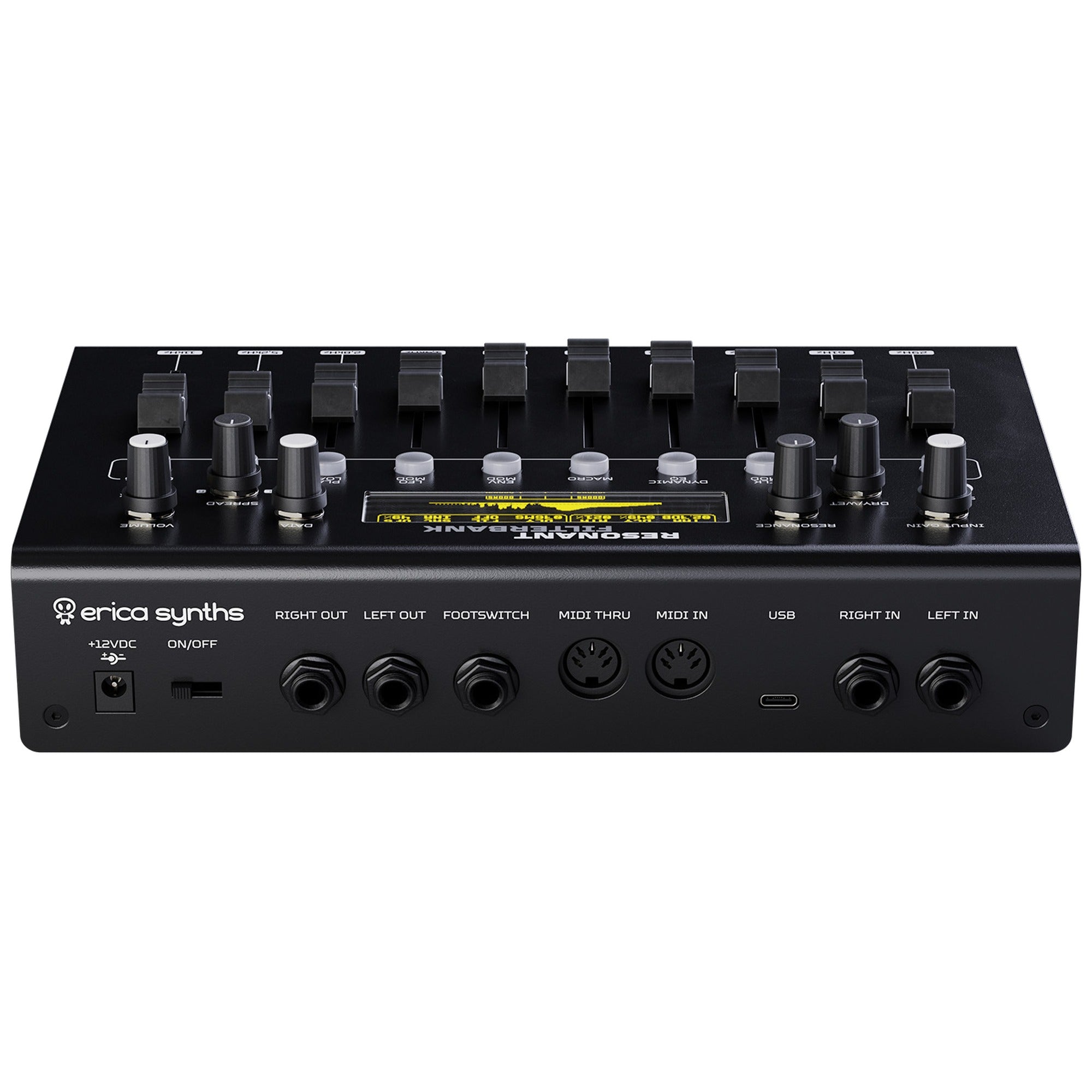 Back view of Erica Synths Resonant Filterbank, a versatile effects unit with multiple filter modules and control knobs.