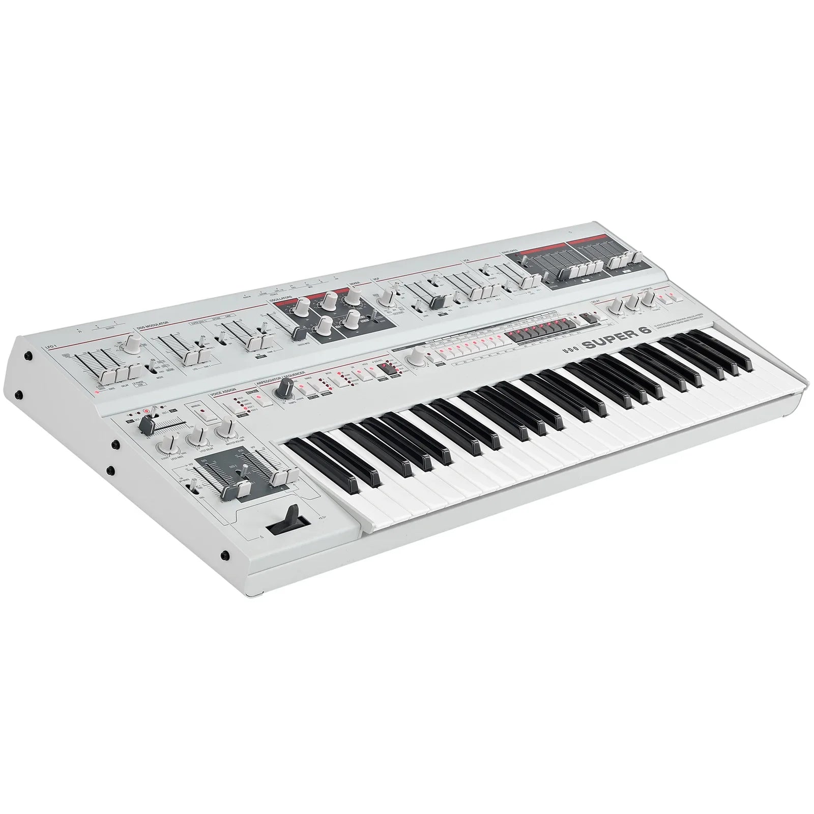 UDO Audio Super 6 synthesizer with a sleek black keyboard, featuring multiple knobs and buttons for versatile sound creation.