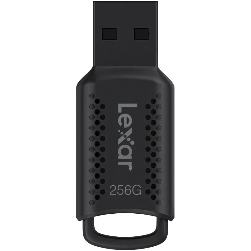 Lexar JumpDrive V400 USB 3.0 flash drive with sleek black design and Lexar branding, suitable for fast data transfer.