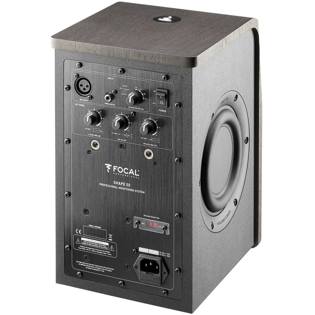 Focal Shape 50 active nearfield monitor speaker with sleek black design and front driver, used for professional audio monitoring.