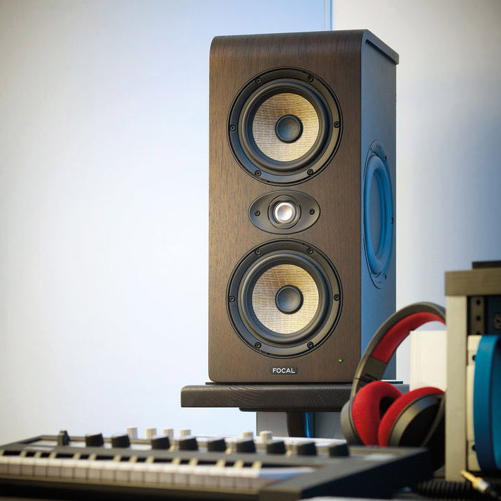 Focal Shape Twin mid-field and main monitor speakers, showcasing their sleek black design and front grille.