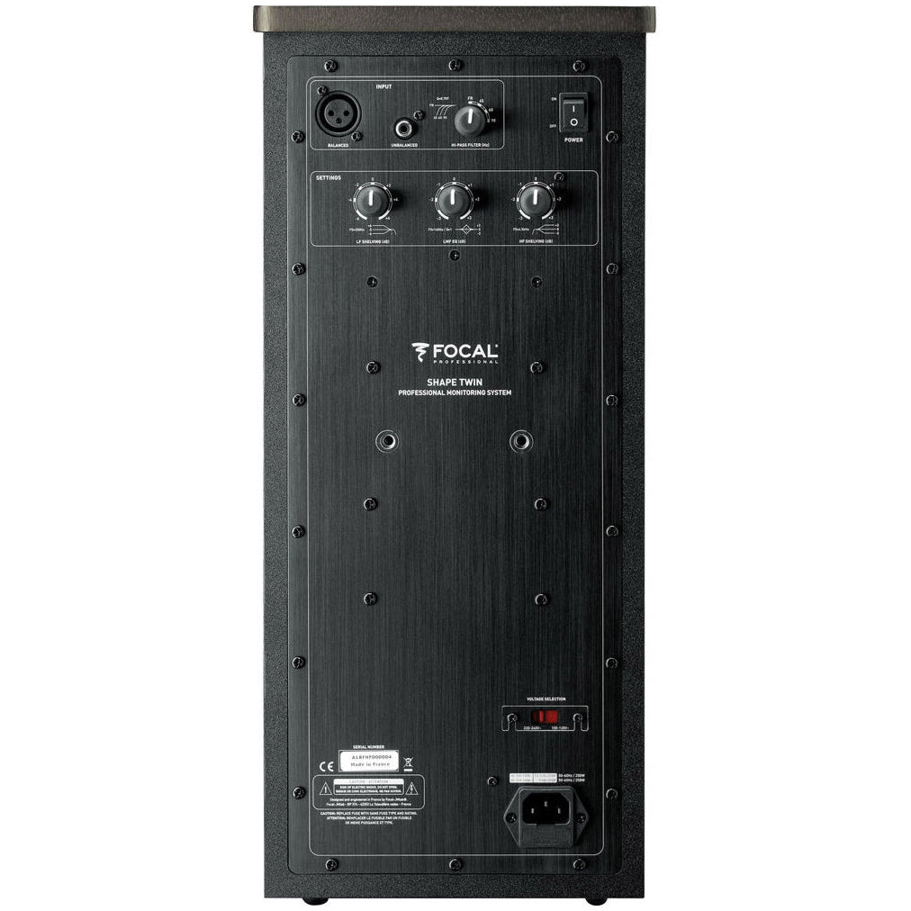 Focal Shape Twin mid-field and main studio monitors with sleek black finish and front-facing bass ports for accurate sound.