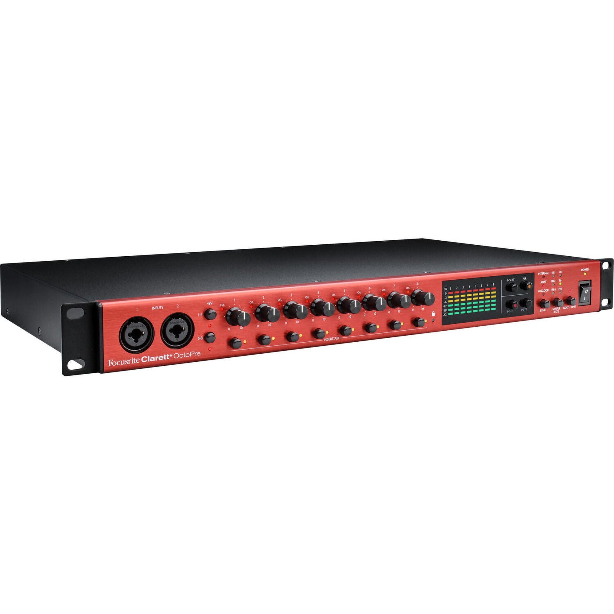 Focusrite Clarett+ OctoPre microphone preamp with multiple input channels and professional audio interface features.