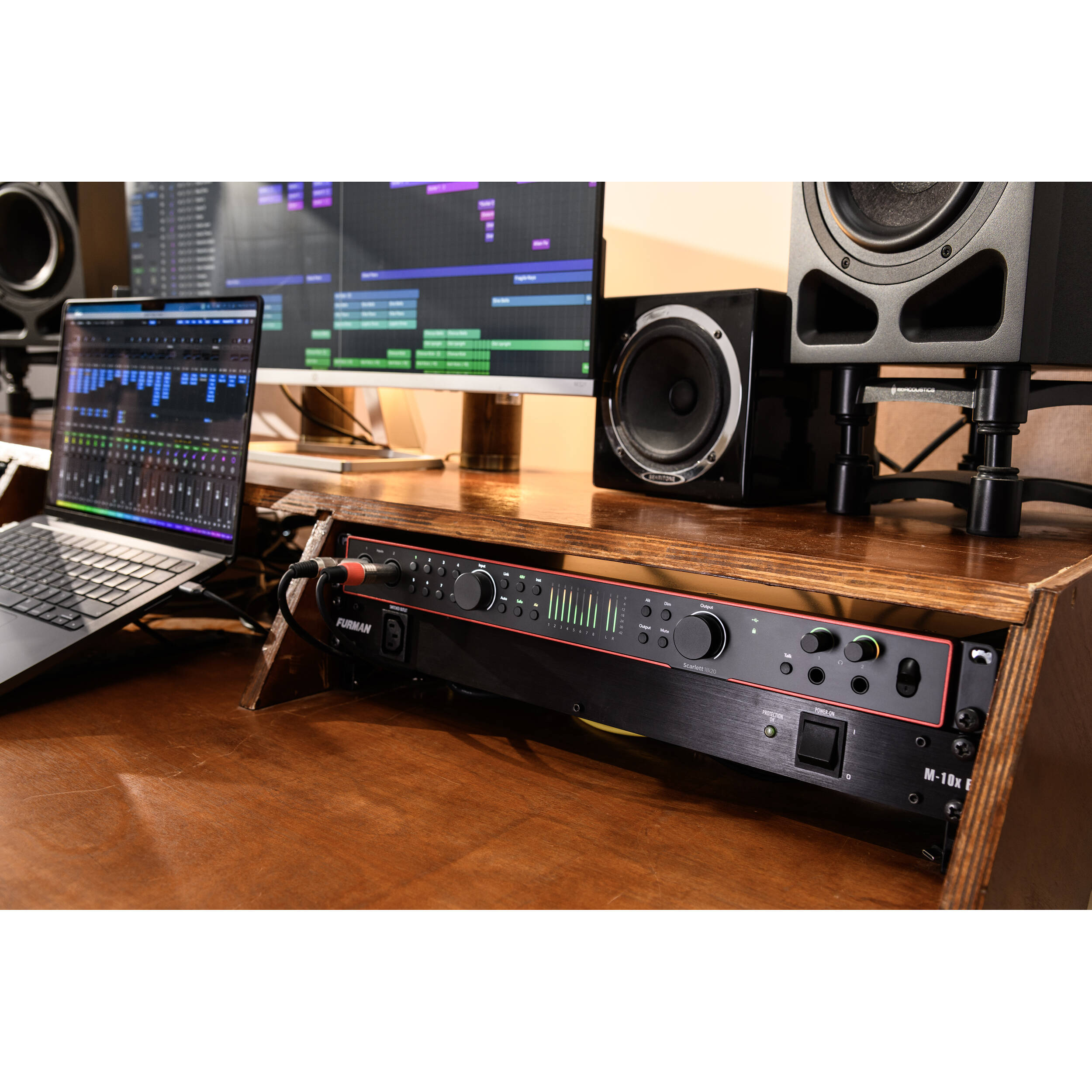 Focusrite Scarlett 18i20 4th Gen audio interface, lifestyle rack-mounted in studio