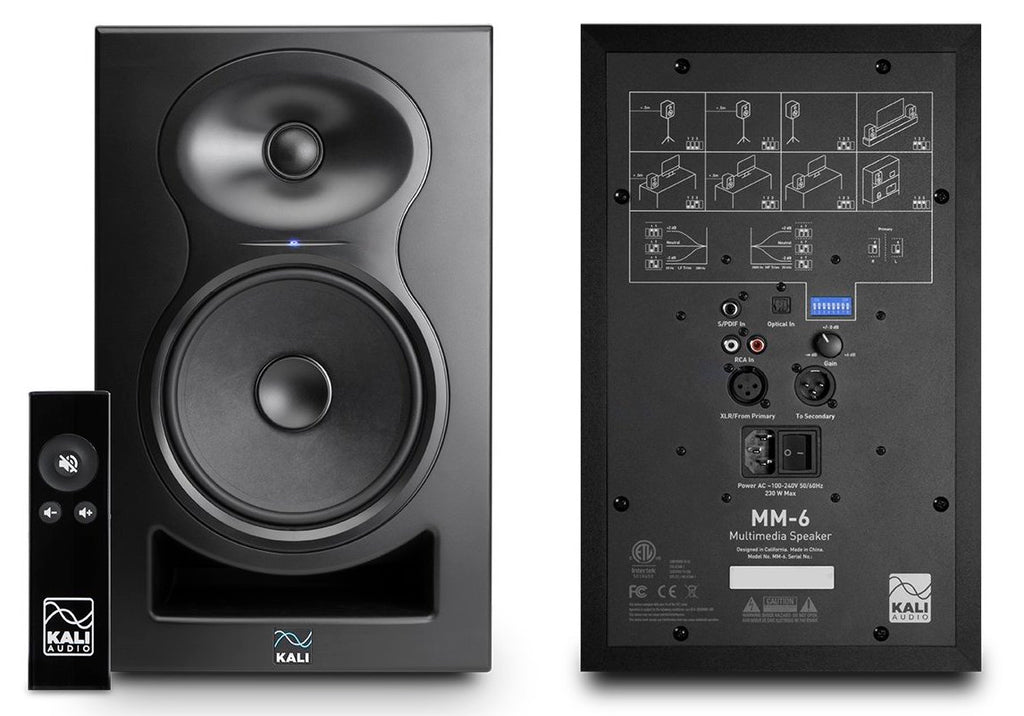 Front and back view of Kali Audio MM-6 active nearfield monitors with remote control for studio audio monitoring.