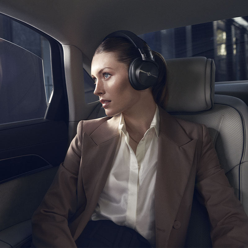 Black Bang & Olufsen Beoplay H95 wireless headphones with sleek design and cushioned ear cups, front view.