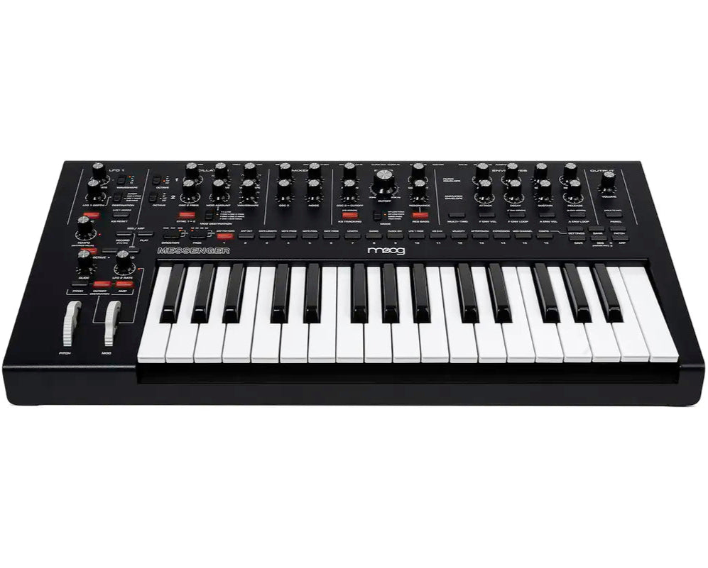 Moog Messenger synthesizer with compact design, multiple knobs, and input/output ports for versatile sound creation and music production.