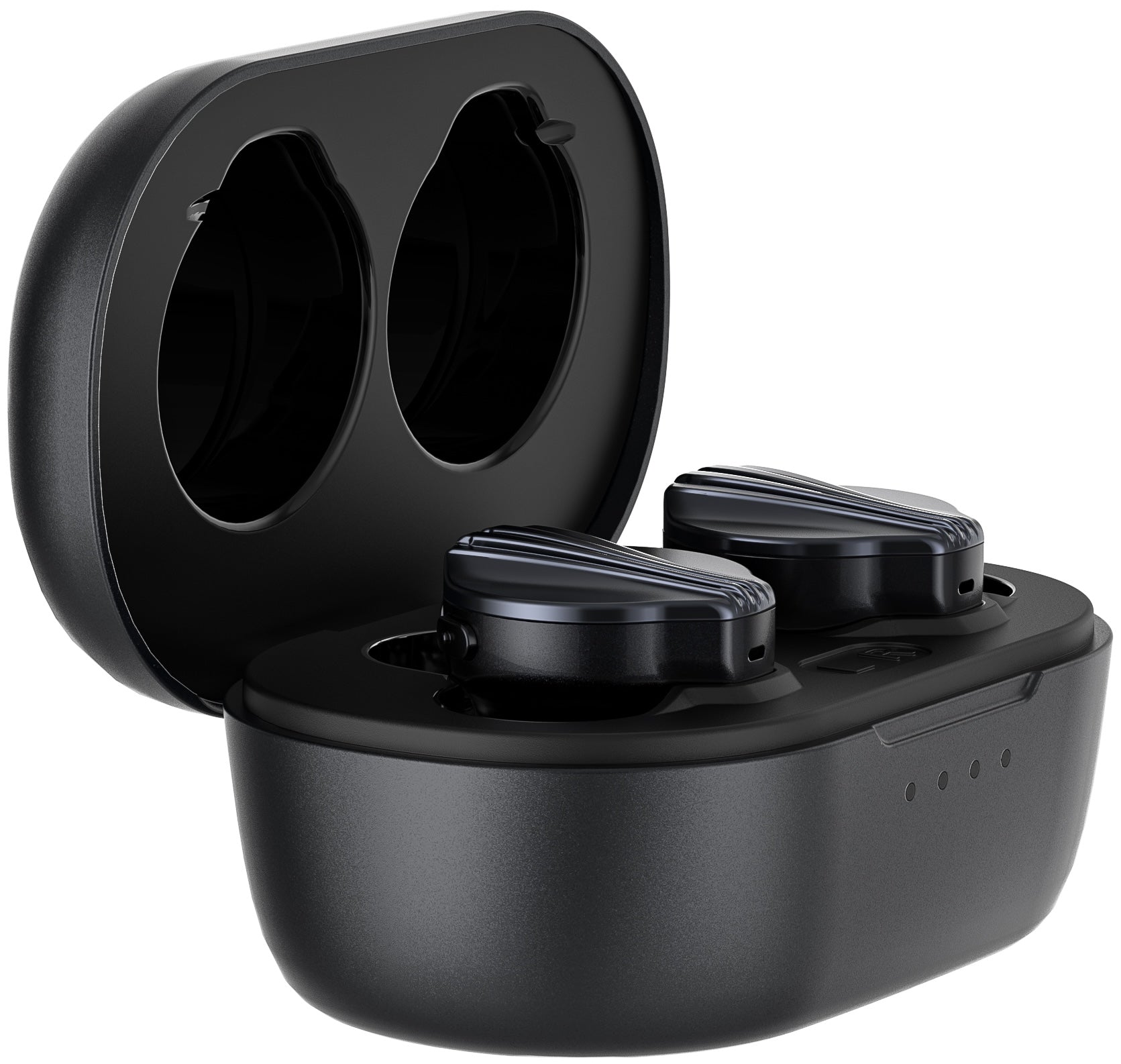 FiiO FW5 wireless in-ear headphones with sleek black earbuds and charging case, designed for high-quality audio and comfortable fit.