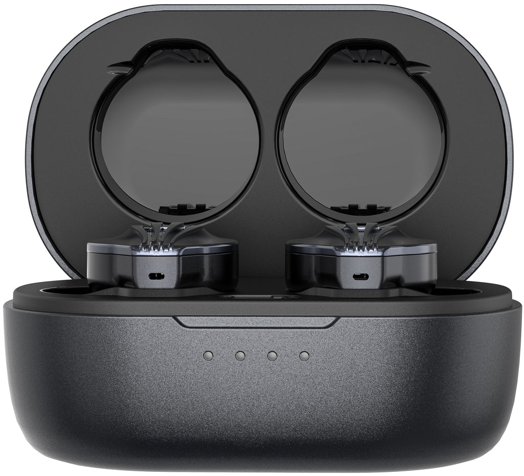 FiiO FW5 wireless in-ear headphones with sleek black earbuds and charging case, designed for high-quality audio and comfort