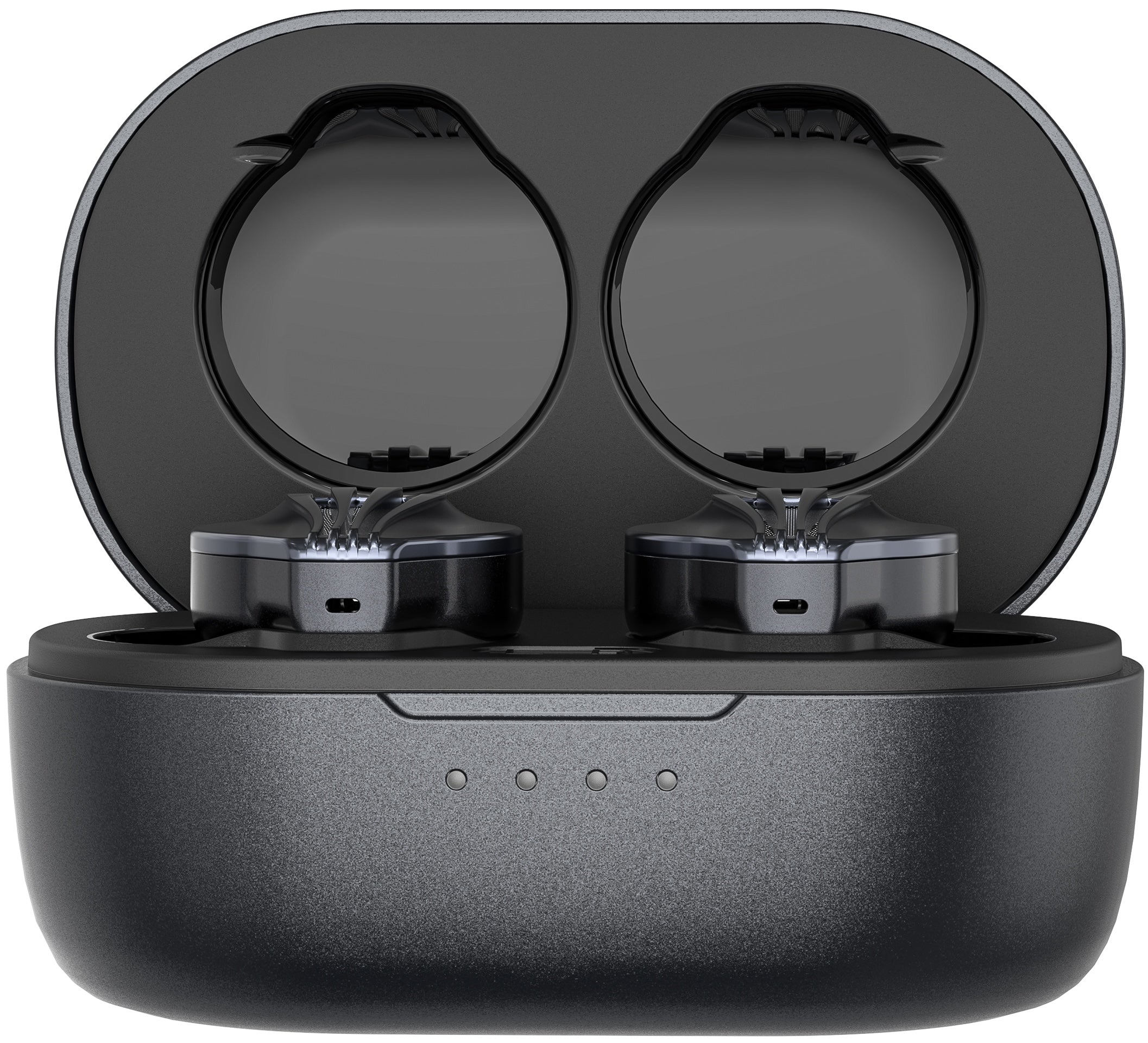 FiiO FW5 wireless in-ear headphones with sleek black earbuds and charging case, designed for high-quality audio and comfort