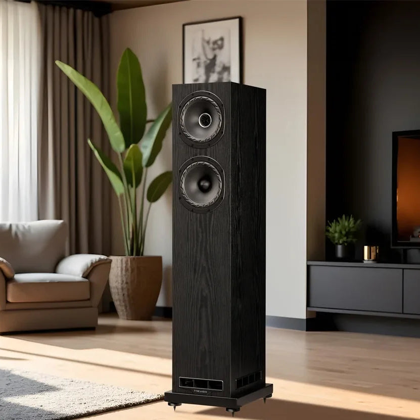 Fyne Audio F501E passive floorstanding speakers in black with sleek design and multiple drivers for rich sound.