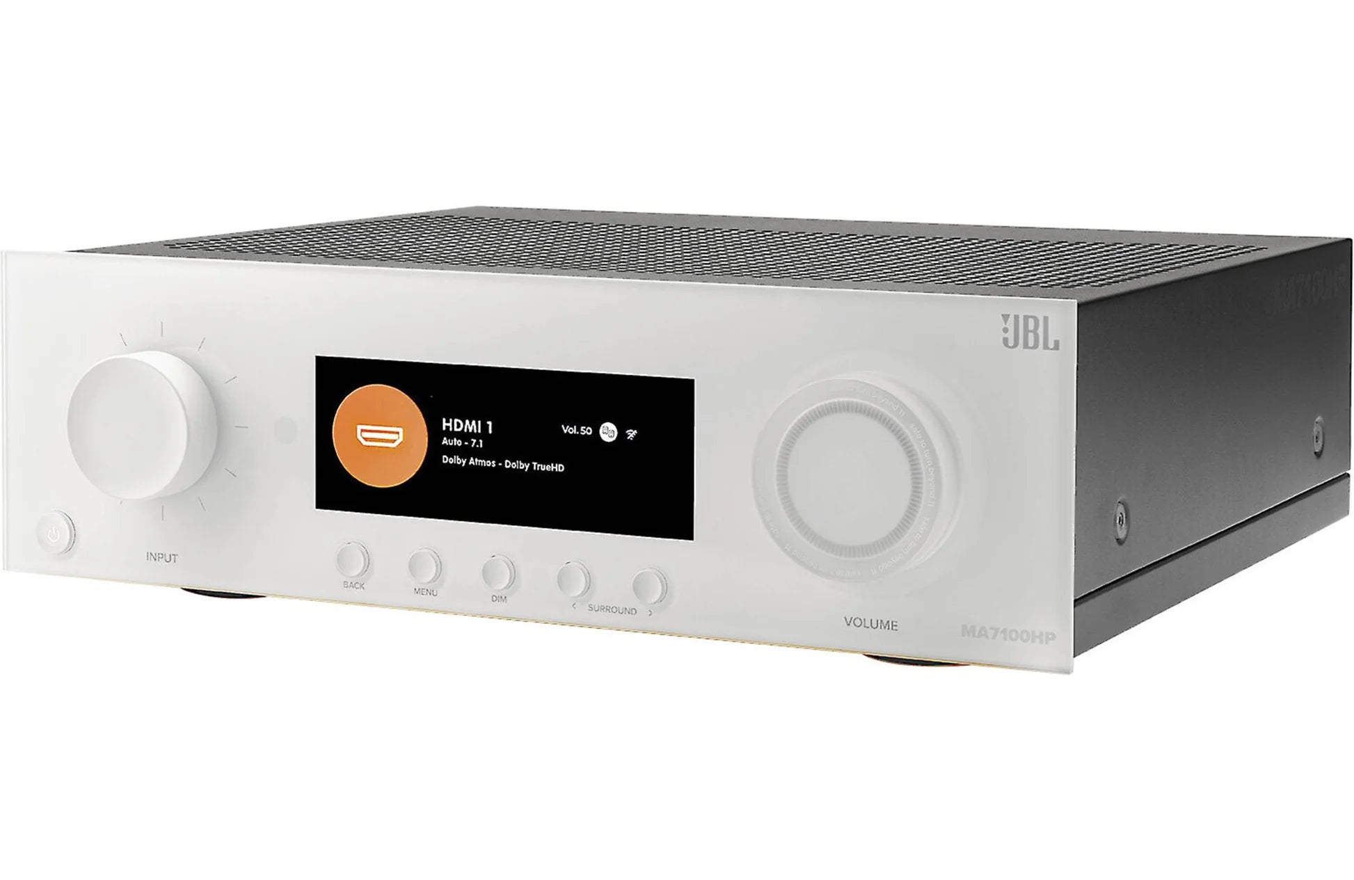 JBL MA7100HP stereo amplifier with sleek black design and control knobs, showcasing professional audio equipment.
