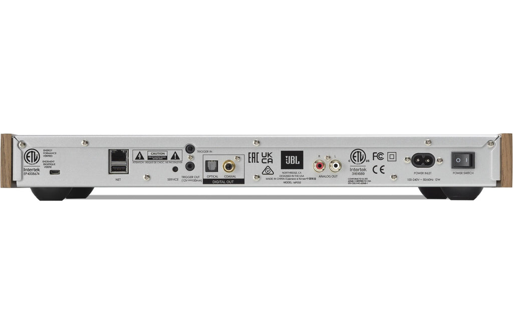 JBL MP350 Classic music streamer with black and white design, compact device with control buttons and input ports.