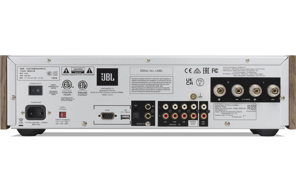 JBL SA550 Classic stereo amplifier with a sleek black design and control knobs, perfect for high-quality audio setup.