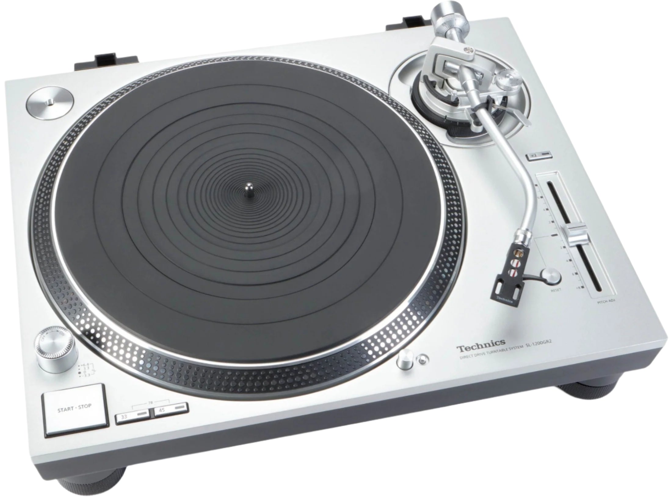Technics SL-1200GR2 turntable with brushed black finish, tonearm and platter visible, showcasing high-quality audio equipment.