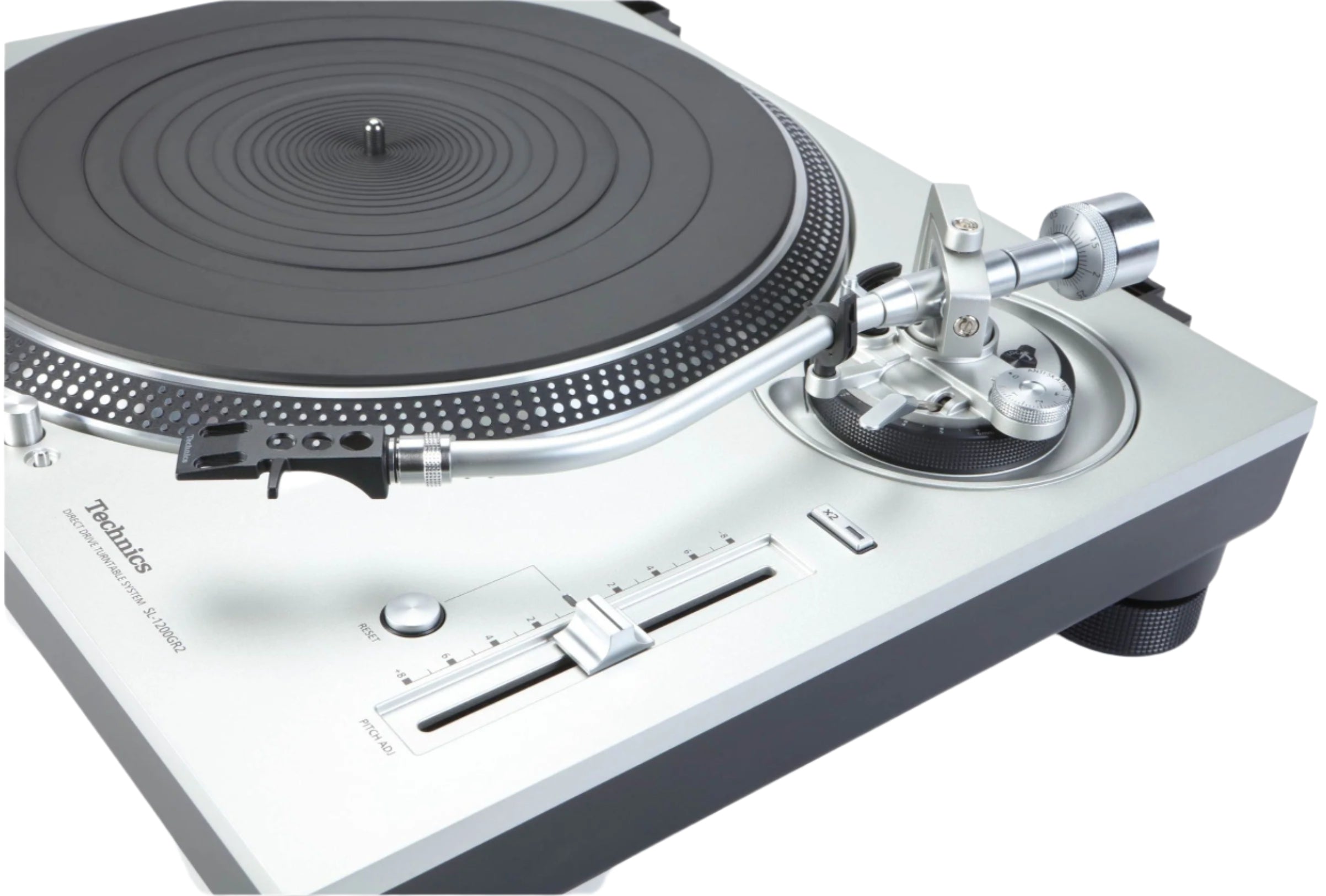 Technics SL-1200GR2 turntable with black finish, tonearm and platter visible, showcasing high-quality audio equipment design