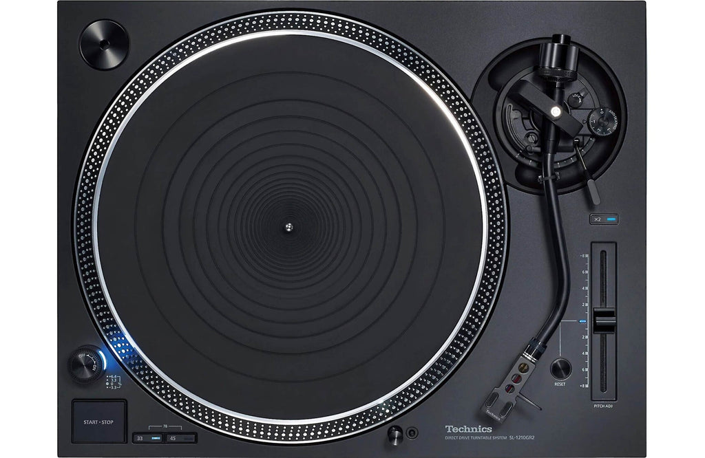 Technics SL-1210GR2 turntable with black matte finish, tonearm and platter, ideal for high-quality vinyl listening and DJ use
