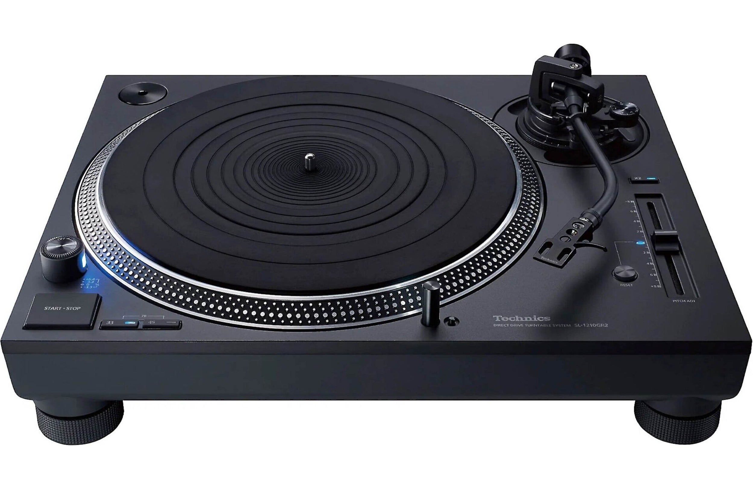Technics SL-1210GR2 turntable with sleek black finish, tonearm, and platter, showcasing high-quality audio equipment design.
