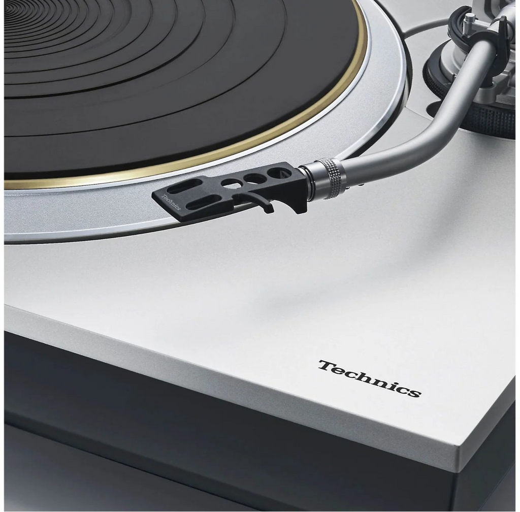 Technics SL-1300G turntable with sleek black finish, featuring a tonearm and platter for high-quality vinyl playback.